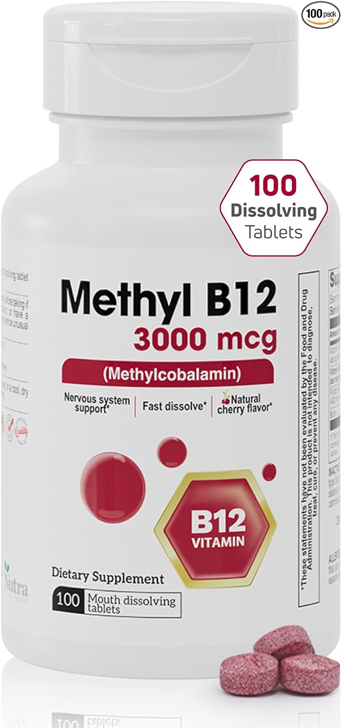 Vitamin B12 Methylcobalamin 3000 mcg – Fast Dissolve Vitamin B12 Sublingual Tablets, Methylated B12 & Folate, Natural Cherry Flavor – 100 Tablets