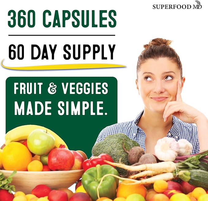 Superfood Fruit and Veggie Supplement - 360 Whole Super Fruit and Vegetable Supplements & Vitamin with Beta-Carotene, Soy Free- 180 Count (Pack of 2)