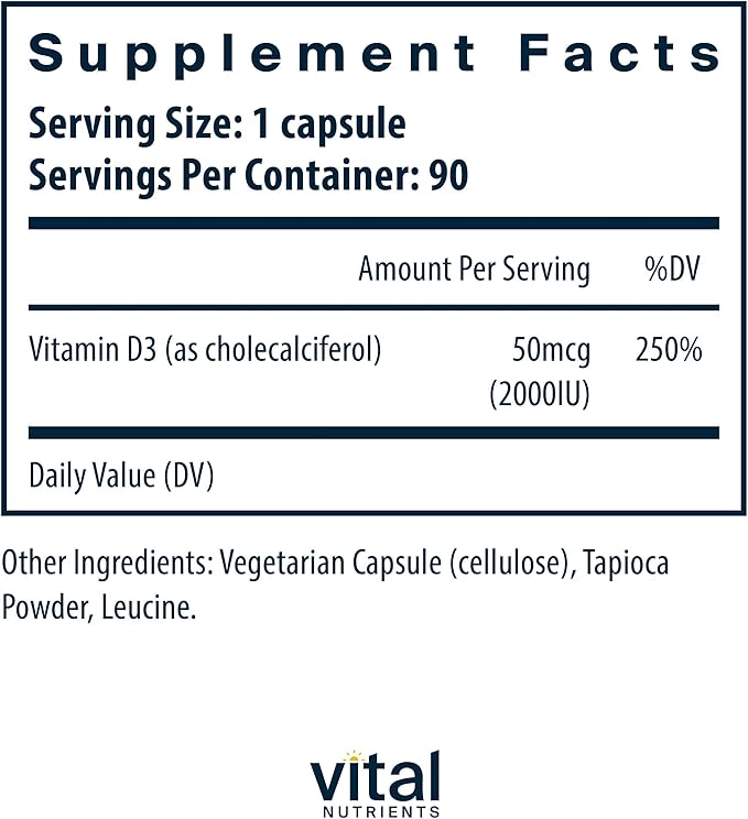 Vital Nutrients Vitamin D 2000 IU - Vitamin D3 Supplement - Healthy Bones, Teeth, Muscles*- Cellular & Immune Function - Calcium Absorption - Gluten, Dairy and Soy Free - 90 Capsules