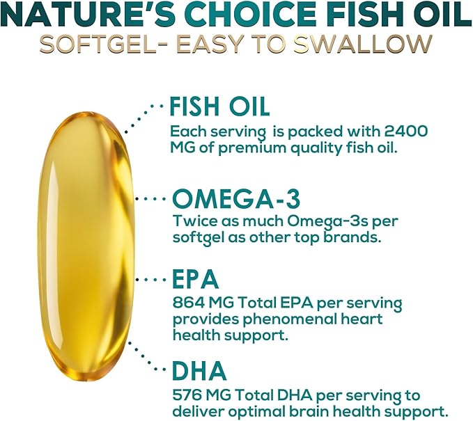 Omega 3 Fish Oil Supplements - 2400mg Fish Oil Per Serving - Triple Strength Omega-3 with Fatty Acids EPA & DHA - Natural Heart, Brain & Immune Support - Wild Caught, Bottled in USA - 180 Softgels