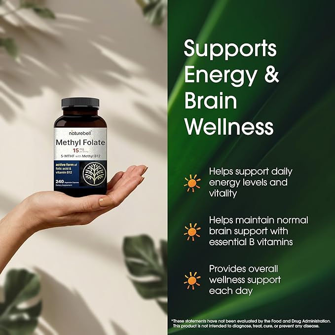 NatureBell Methyl Folate 15mg - 240 Capsules - 5-MTHF with Methyl B12-15mg L-Methylfolate & 1,000mcg Vitamin B12 - Energy & Cognitive Support Supplement* - Gluten-Free & Non-GMO