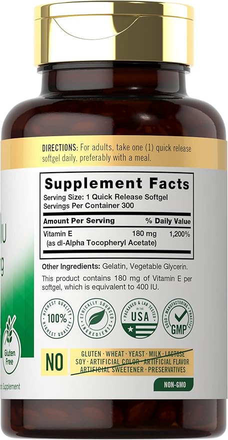 Carlyle Vitamin E 400 IU Softgels (180mg) | 300 Capsules | Non-GMO and Gluten Free Supplement
