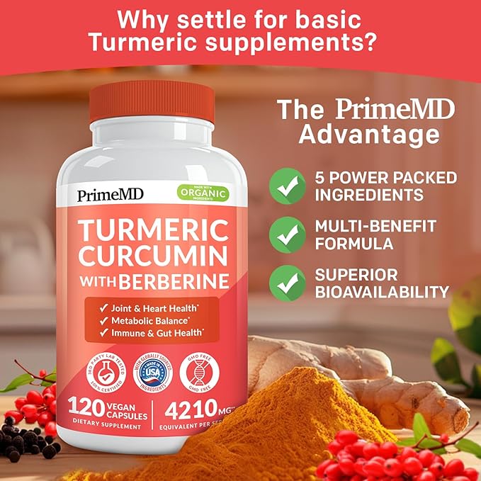 5-in-1 Organic Turmeric Curcumin Supplement (4210mg) with Berberine, Ceylon Cinnamon Bioperine and Ginger Supplements for Joint, Heart, Gut, & Metabolic Support (120 ct) (Pack of 2)