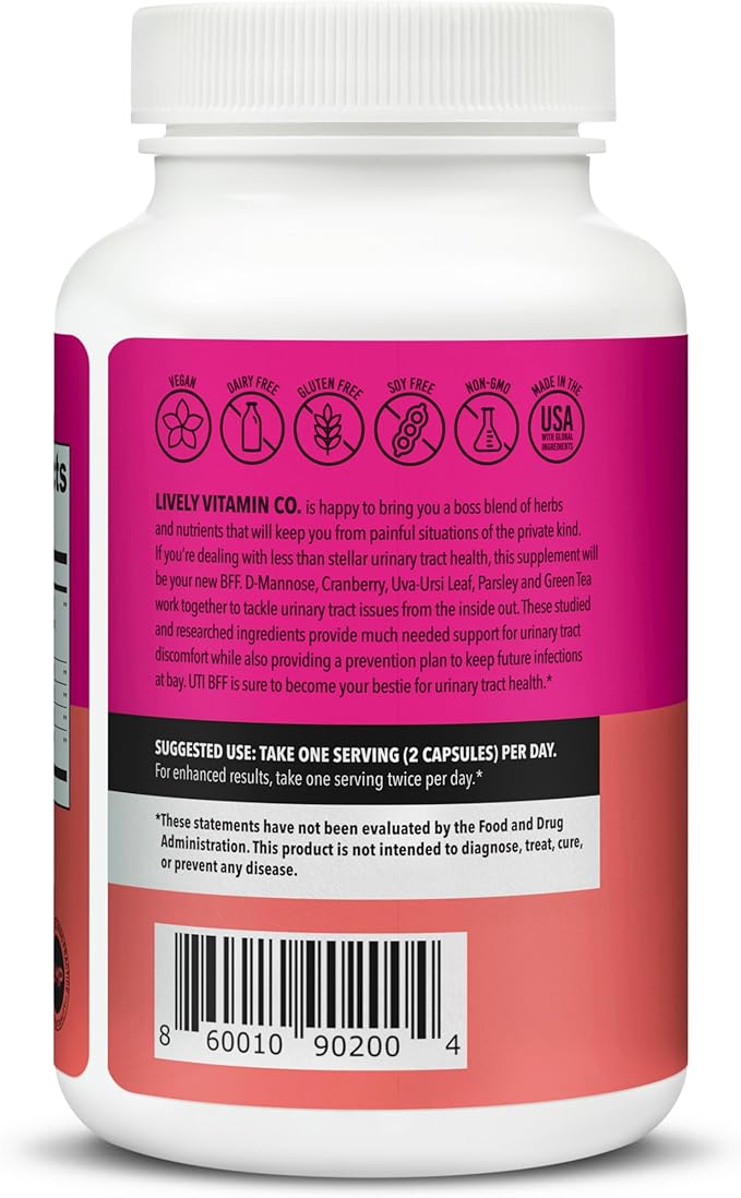 LIVELY VITAMIN CO. UTBye - Bladder and Prostate Health - Infections - Urinary Tract - UTI - Cranberry Extract - Holy Basil - Green Tea - Parsley - D-Mannose - for Men and Women - 90 Capsules