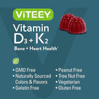 VITEEY Vitamin D3 K2 Gummies - 1000 IU Vitamin D3 and K2 100mcg - Bone & Heart Health for Adults and Teens - Vegetarian, Gelatin Free, GMO Free - Tasty Chewable D3K2 Vitamins Strawberry Flavored Gummy