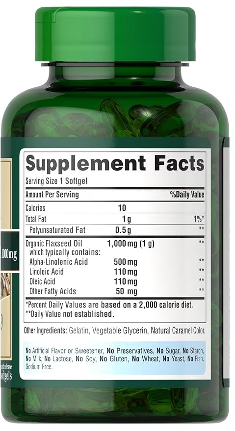 Puritan's Pride Premium Natural Flax Oil 1000 mg Omega-3, 6 & 9 Cold Pressed, 120 Softgels