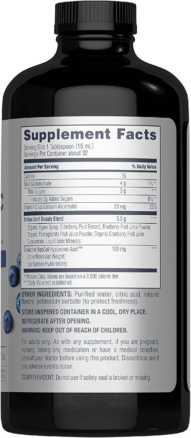 NeoCell Liquid Hyaluronic Acid | 16 fl oz | with Vitamin C | Skin Hydration | Antioxidant Supplement | Blueberry Flavor