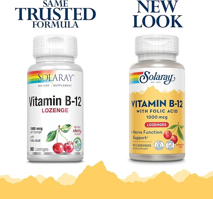 SOLARAY Vitamin B-12 1000mcg Lozenges with Folic Acid | Natural Cherry Flavor | Healthy Energy Support | 90CT