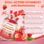 Vitamin B1 Gummies 500mg with Benfotiamine – Thiamine Supplement for Women & Men Supports Healthy Energy Metabolism & Immune, Sugar-Free | Vegan | Non-GMO, Natural Strawberry Flavor, 60 Count