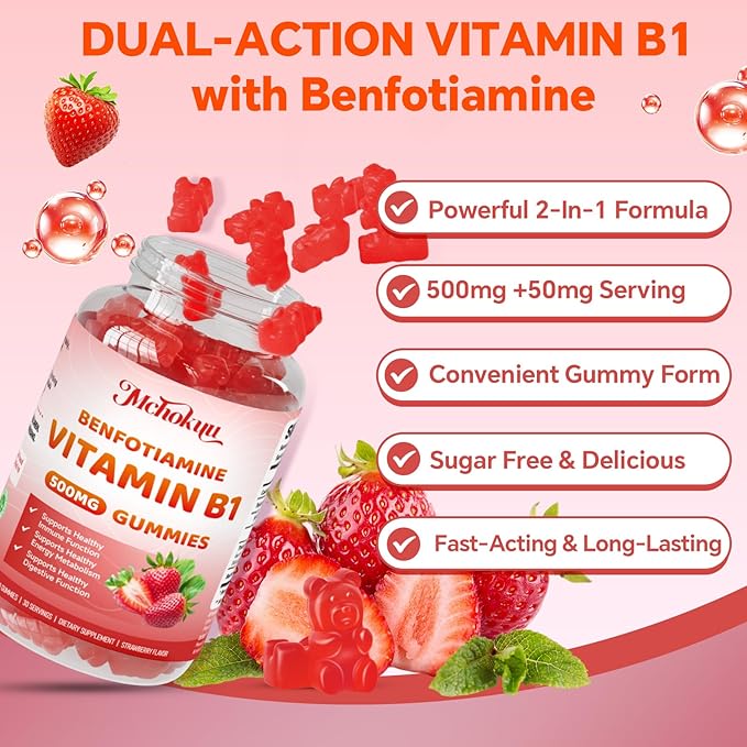 Vitamin B1 Gummies 500mg with Benfotiamine – Thiamine Supplement for Women & Men Supports Healthy Energy Metabolism & Immune, Sugar-Free | Vegan | Non-GMO, Natural Strawberry Flavor, 60 Count