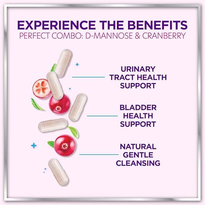 Organic D Mannose 1300mg per Serving Supplements - Extra Strength D-Mannose Capsules with Cranberry - for Natural Gentle Cleansing & Urinary Tract Health Support - Bottled in USA - 60 Capsules
