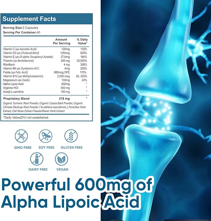 Nerve Savior for Neuropathy, 120 Capsules with 600mg Alpha Lipoic Acid, Benfotiamine & B12, for Discomfort in Feet, Hands, Legs, Back & Neck