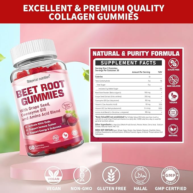 Beet Root Gummies with CoQ10 & Vitamin B12 – Vegan, Non-GMO, Gluten-Free Fruit Supplement for Daily Plant-Based Nutrition