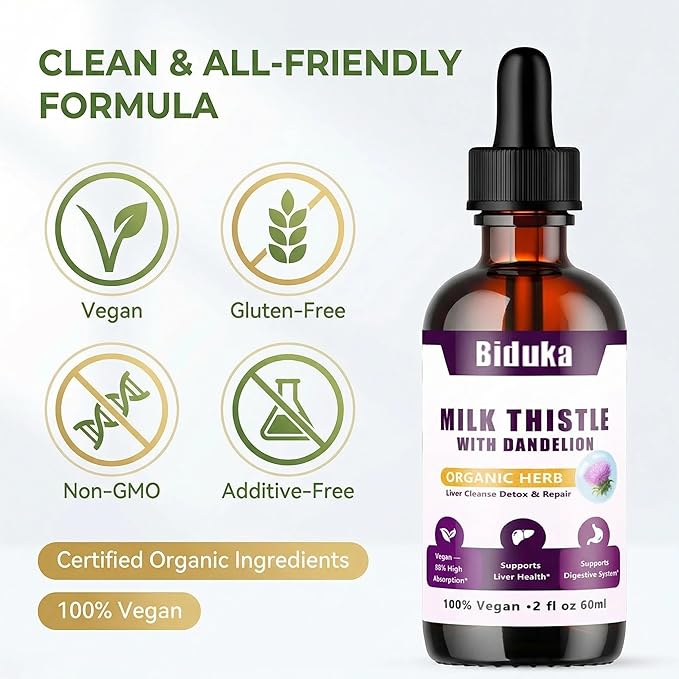 Organic Milk Thistle Liquid Drops with Dandelion Liquid, 80% Silymarin, 98% High Absorption, Liver Support, Vegan Gluten-Free GMO-Free, Extra Strength, 2 fl oz