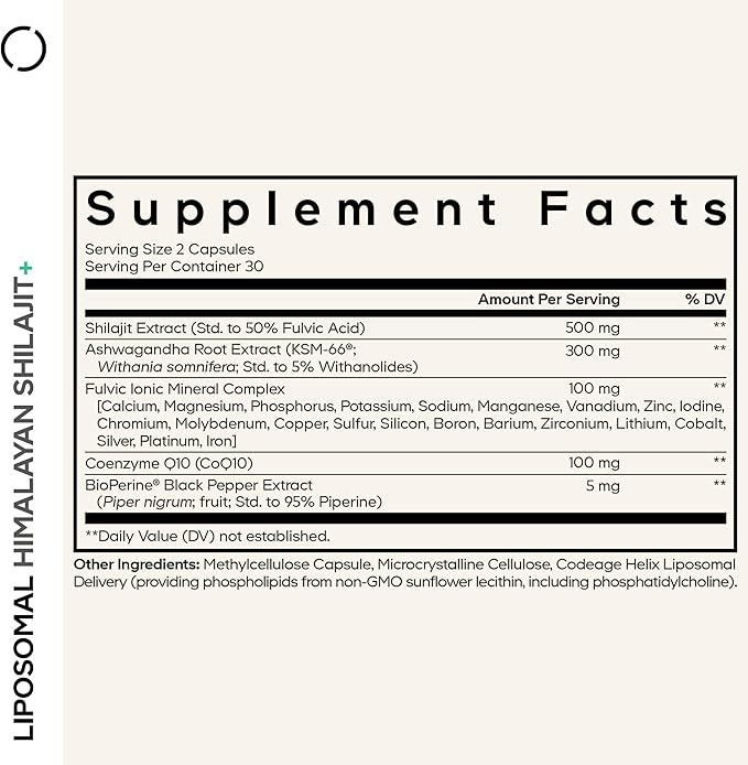 Codeage Liposomal Himalayan Shilajit+ Supplement - 500 mg Shilajit, KSM-66 Ashwagandha, CoQ10, Fulvic Ionic Minerals, Calcium, Magnesium, BioPerine - Liposomal Delivery - Non-GMO - 60 Capsules