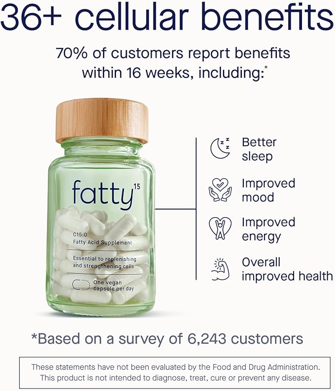 Fatty15 C15:0 Pentadecanoic Acid Supplement The Longevity Nutrient - 90 Vegan Capsules - 3X Cellular Benefits of Fish Oil EPA Omega 3 Supplements - Liver Support & Mitochondrial Health