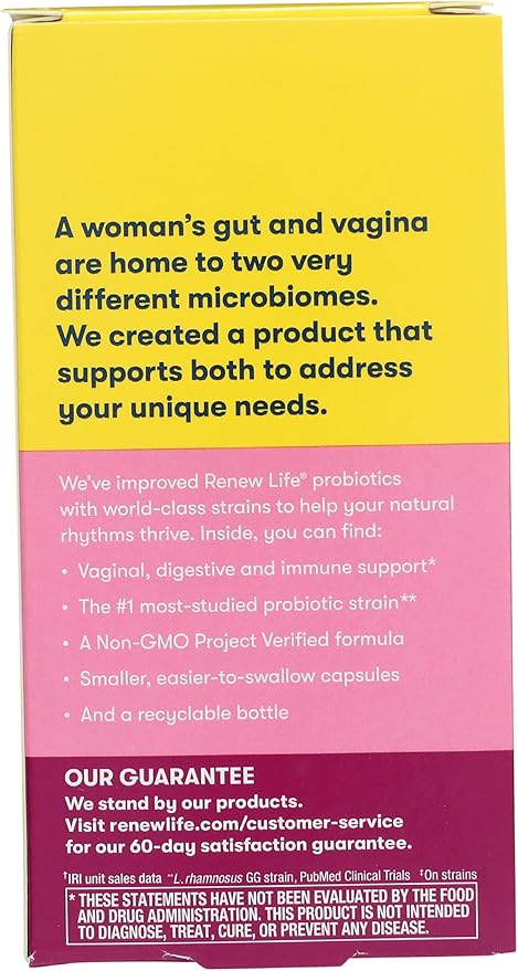 Renew Life Women's Probiotic Capsules, Supports pH Balance for Women, Vaginal, Urinary, Digestive and Immune Health, L. Rhamnosus GG, Dairy, Soy and Gluten-Free, 25 Billion CFU - 60 Ct