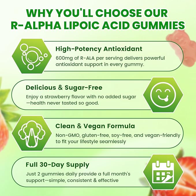 R Alpha Lipoic Acid 600mg Gummies, Stabilized R-Alpha Lipoic Acid, ALA Supplement for Nerve Health, Antioxidant & Metabolism Support- Vegan, Non-GMO, Gluten Free, Strawberry Flavor - 120 Count