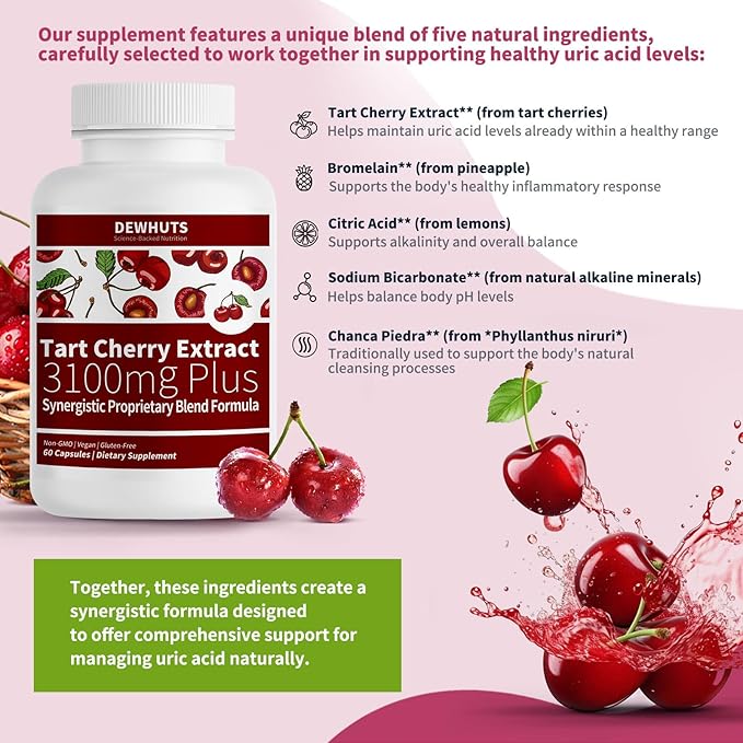 5 in 1 Tart Cherry Extract 3100mg with Bromelain & Chanca Piedra - Support Healthy Uric Acid Levels Already Within Normal Range, Joint Comfort, Non-GMO Vegan Gluten-Free, 60 Capsules