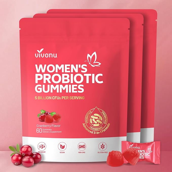 VivoNu Vaginal Probiotics for Women, Feminine Balance pH Gummies for Healthy Odor, Yeast Balance & Flora + Vitamin C for Immune Support -Cranberry
