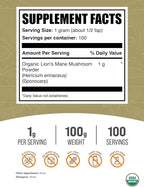 BulkSupplements.com Organic Lions Mane Mushroom Powder - Lions Mane Powder, Mushroom Supplement - Vegan & Gluten Free, 1g per Serving, 100g (3.5 oz) (Pack of 1)