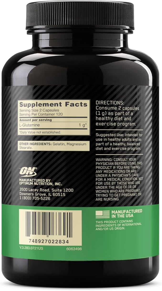 Optimum Nutrition L-Glutamine Muscle Recovery Capsules, 1000mg, 240 Count (Package May Vary)