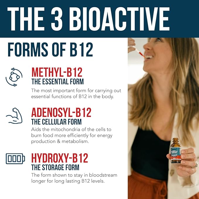 BioActive Vitamin B12 5000 mcg | 3 BioActive Forms Plus Methylfolate Cofactor - Methylcobalamin, Adenosyl & Hydroxy | Sublingual Liquid Drops, Berry Flavor, Organic, Non-GMO, Vegan (1 oz)