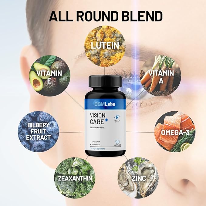 Vison Care Plus - Complete Dietary Supplement for Your Vision- Lutein 20mg, Zeaxanthin, Vitamin A, Bilberry Extract - 90 Softgels by CGM Labs