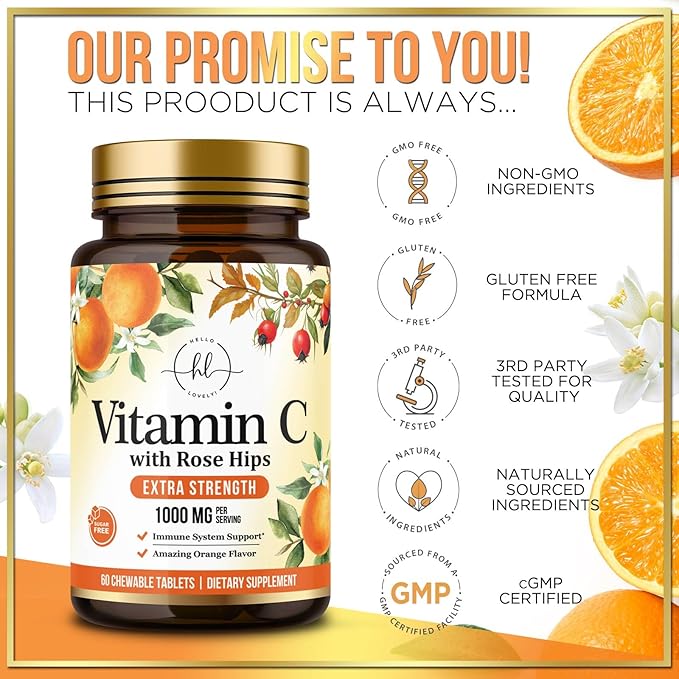 Vitamin C 1000mg Per Serving - Extra Strength with Rose Hips Bioflavonoids - Sugar Free Vitamin C Chewable Pills, Vit C Supplement for Immune Support & Antioxidant, USA Bottled - 60 Chewable Tablets