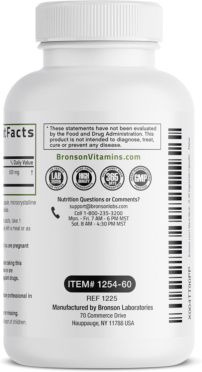 Bronson Lion's Mane Mushroom 500mg Hericium Erinaceus Non-GMO, 60 Vegetarian Capsules