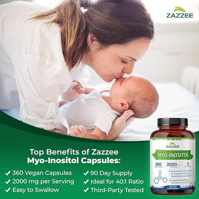 Zazzee Myo-Inositol Capsules, 2000 mg per Serving, 360 Vegan Capsules, Ideal Dosage for 40:1 Ratio, Kosher, 100% Vegetarian, Hormone Balance & Healthy Ovarian Function Support, All-Natural and Non-GMO