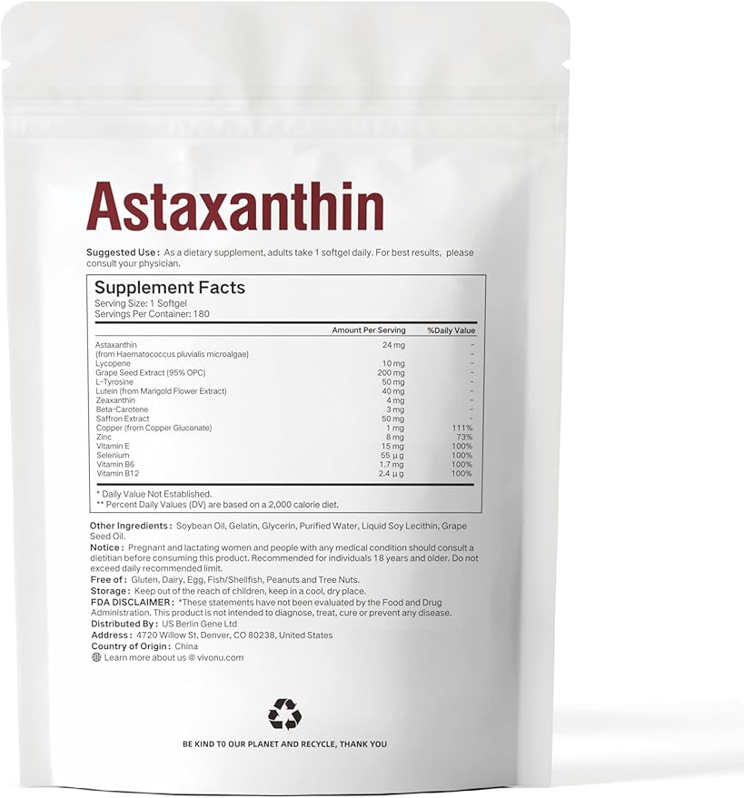 VivoNu 14-in-1 Astaxanthin 24mg & Lutein 40mg with Zeaxanthin Supplements, 24 Month Supply, 720 Softgels, 4 Bag