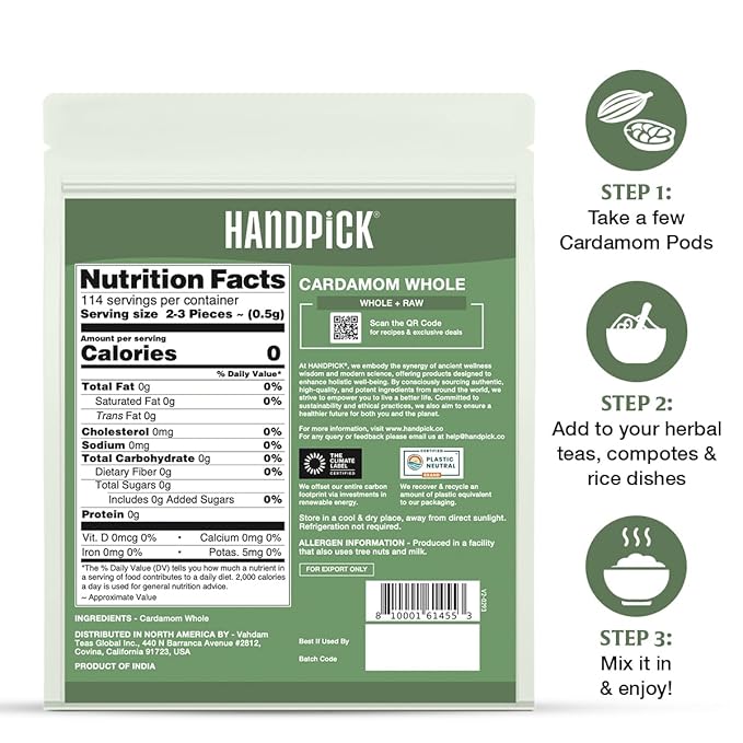 HANDPICK Green Cardamom Pods (57g / 2oz) Large size Green Elaichi | Pure, Non-GMO, Gluten Free | 100% Raw from India | Resealable Zip Lock Pouch