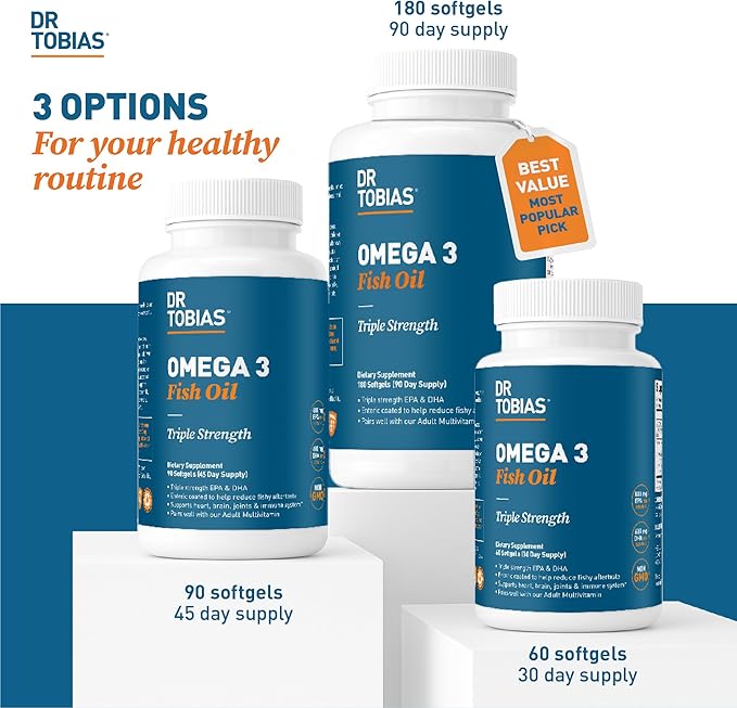 Dr. Tobias Omega 3 Fish Oil 2000mg Triple Strength with 800mg EPA 600mg DHA Per Serving | Fish Oil Omega 3 Supplements for Heart Brain & Immune Support - 60 Softgels (30 Servings)