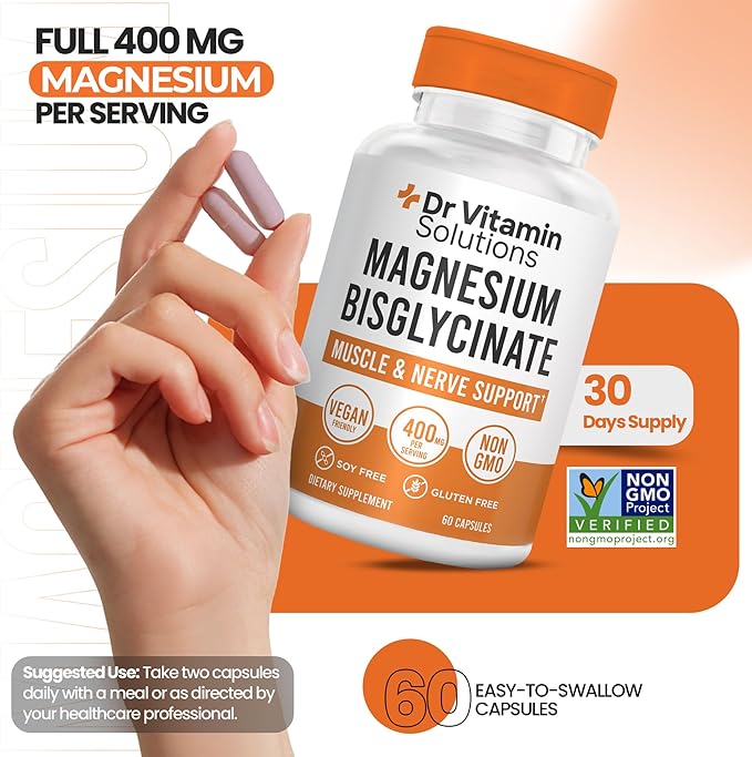 Magnesium Glycinate 400mg (Buffered Magnesium Bisglycinate Chelate) | Albion® Chelated Magnesium for Muscle & Nerve Support + Calm | High Absorption, Gentle on Stomach (1 Bottle, 60 Capsules)