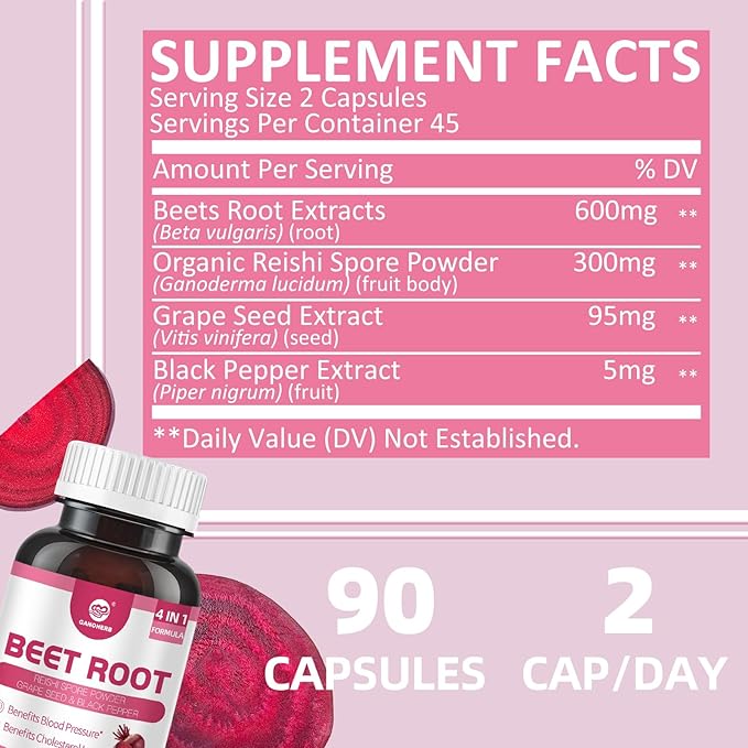 Beet Root Capsules 24000mg with Grape Seed Extract, Reishi Mushroom, Black Pepper, Beet Root Supplement 4 in 1 for Nitric Oxide and Health Circulation, 90 Rapid Release Capsules