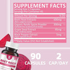 Beet Root Capsules 24000mg with Grape Seed Extract, Reishi Mushroom, Black Pepper, Beet Root Supplement 4 in 1 for Nitric Oxide and Health Circulation, 90 Rapid Release Capsules