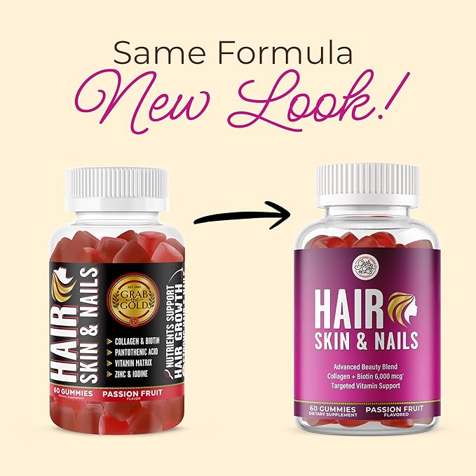 Grab The Gold Hair Skin & Nails Vitamins for Women | Gummies with 6000mcg Biotin & Collagen | 10 Essential Vitamin & Minerals | Gluten-Free, Non-GMO, Passion Fruit Flavor | 1 Month Supply, Made in USA