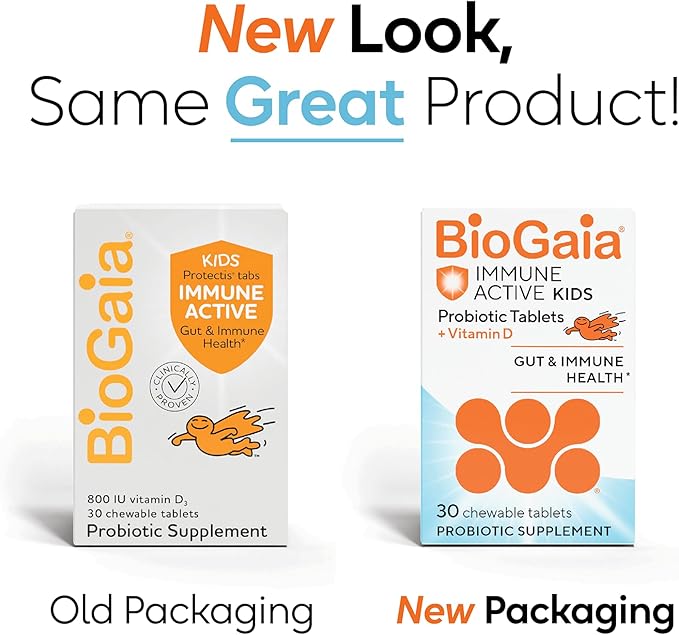 BioGaia Immune Active Kids | Probiotic + Vitamin D | for Digestive & Immune Health | Ages 3+ | Allergen, Dairy, Soy & Gluten Free | Trusted By Pediatricians | 30 Day Supply | Orange Flavored Chewable