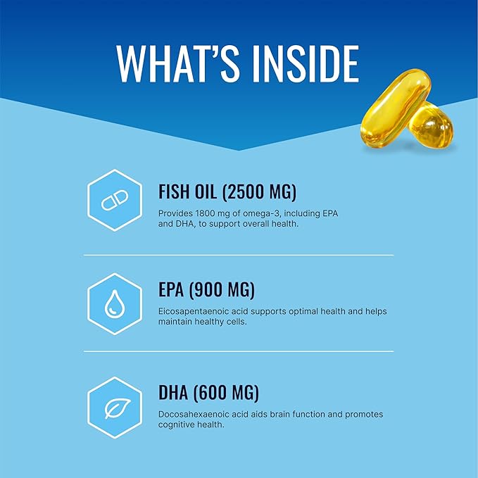 Omega-3 MD - EPA & DHA Supplement - 2500mg Omega 3 Fish Oil for Heart Health, Brain Support, Joint Comfort, & Overall Wellness - 1 Bottle - 3 Month Supply