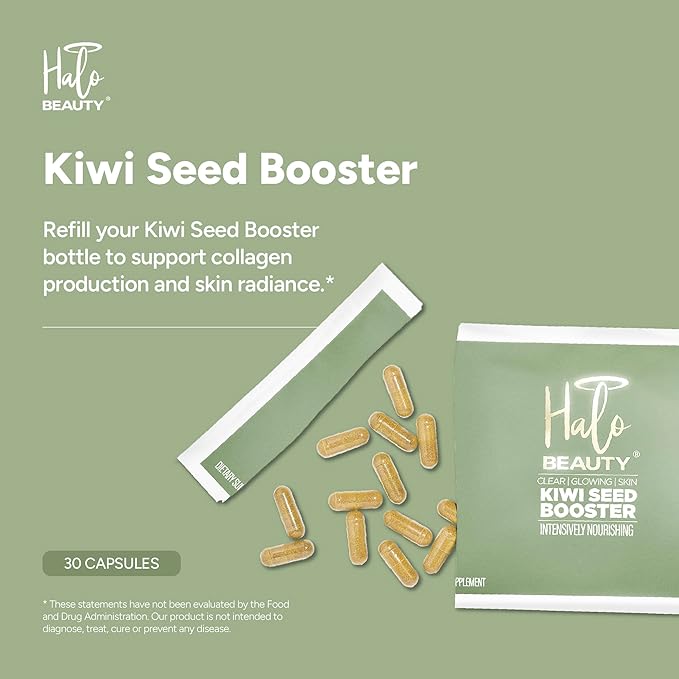 Halo Beauty Kiwi Seed Booster Skin Supplement Refill Pack | Anti-Aging Hydration & Glowing Skin Support with Kiwi Seed, Vitamin C, D3 & Zinc | Vegan Collagen Support Capsules | 1-Month Supply