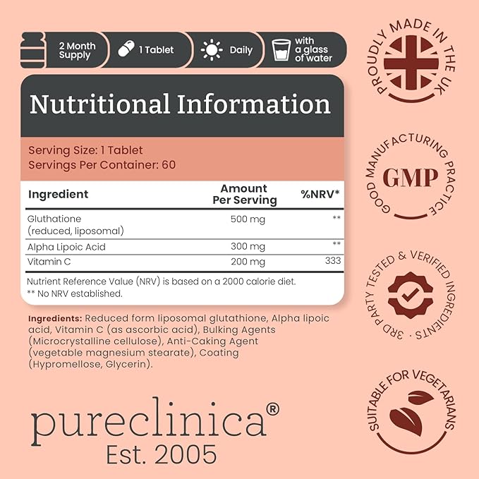 pureclinica Glutathione 1000mg x 60 Tablets. with 500mg Glutathione, 300mg ALA, and 200mg Vitamin C per Tablet.
