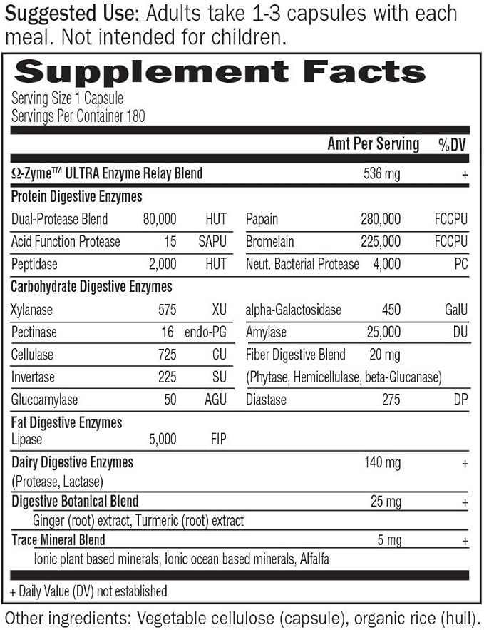 Garden of Life 21 Powerful Digestive Enzymes- Papain, Bromelain,Lipase,Ginger,Turmeric for-Complete Digestion of Protein,Carbs & Fats-Omega-Zyme Ultra, Gluten-Free,Vegetarian,180 Capsules,(Pack of 2)