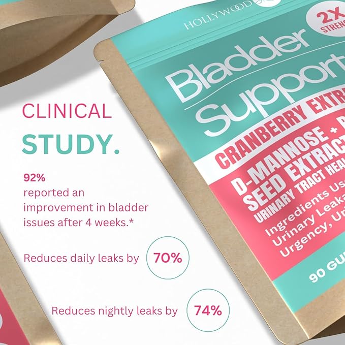hollywoodskin 2X Potency Bladder Support Gummies. 700mg Cranberry Extract + 500mg Pumpkin Seed Extract. Reduce Leaks, Relieve Need to Go Urgency, Improve Sleep, Overactive Bladder. 90 Gummies