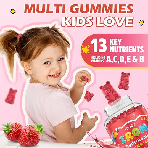 2 Pack Iron Supplement Gummies for Kids with Multivitamin, Calcium, Zinc, Folate - Kids Iron Gummies Support Immune, Blood Builder, Iron Deficiency, Anemia & Energy - Vegan, Strawberry