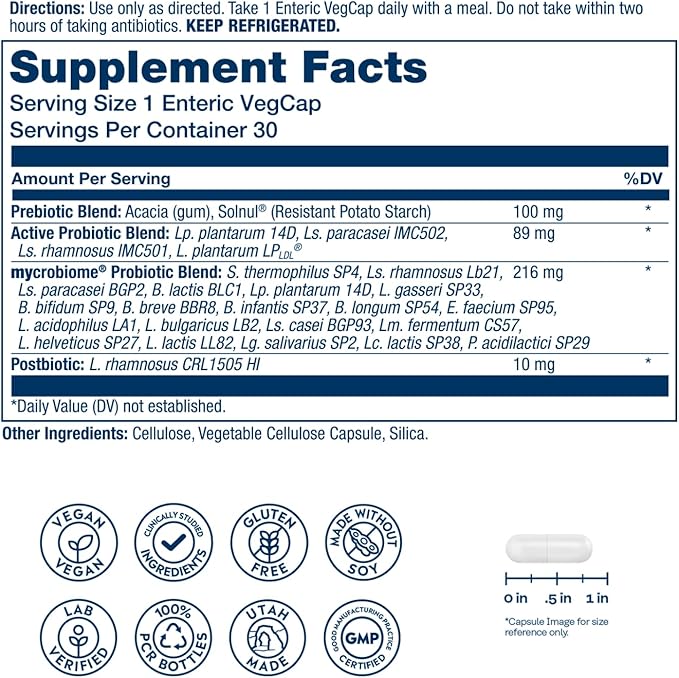 SOLARAY Mycrobiome Complete Probiotic Active - Pre and Probiotics for Women and Men Plus Postbiotic - 50 Billion CFU, 23 Strains - Vegan, Clinically Studied Ingredients - 30 Servings, 30 VegCaps