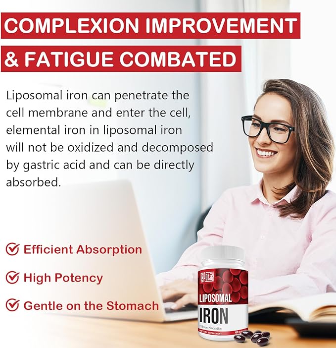 Liposomal Fe Iron Supplement for Women, 65 mg Iron Supplement with Folic Acid & Vitamin B12 for Men, Daily Blood & Energy Support for Adults Iron Deficiency 60 Softgels (2 Bottle)