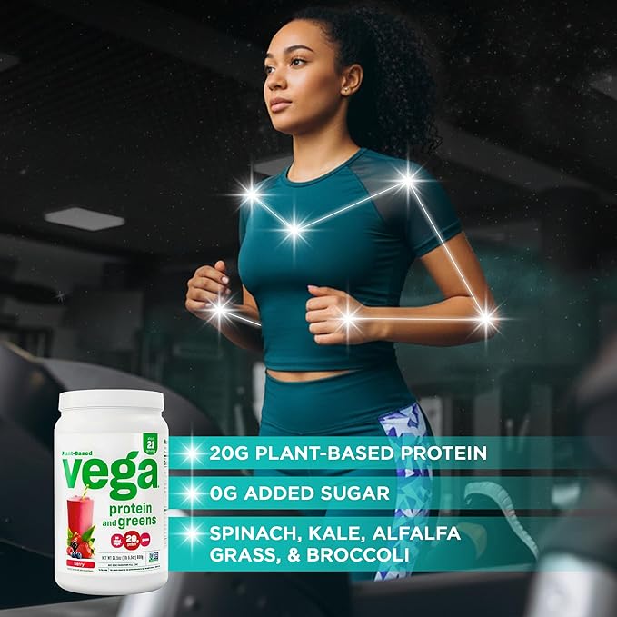 Vega Premium Protein + Supergreens, Berry – 20g Vegan Protein, Dairy & Gluten Free, 20.8 oz (21 Servings)