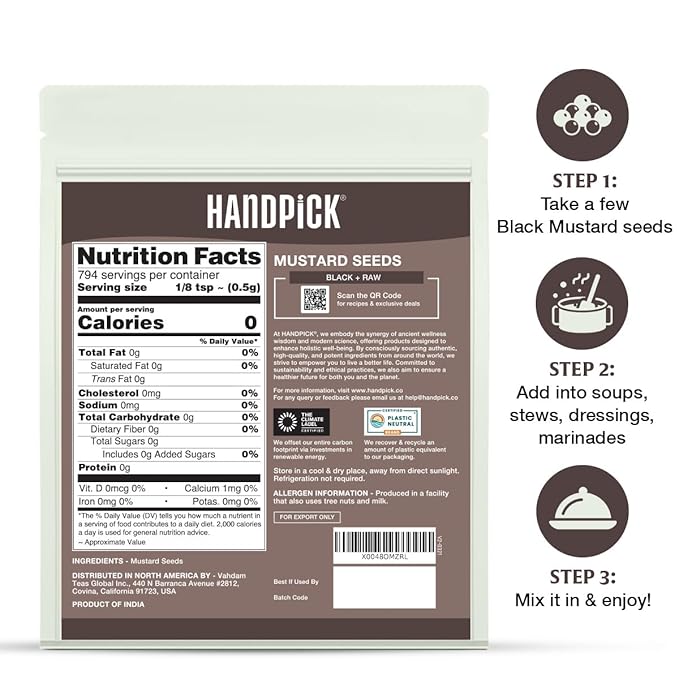 HANDPICK Culinary Black Mustard Seeds (397g/14oz), Gluten free, 100% Raw, Sourced from India, Packed in Resealable Zip Lock Pouch | All Natural - Easy to Use