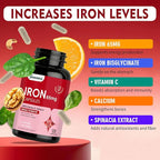 Iron Supplement - Iron 65mg High Absorption Iron Bisglycinate with Vitamin C, Calcium, Gentle Iron Pills for Women Men - Non GMO & Gluten Free, Stomach Friendly, 120 Capsules